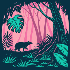 Silhouette of a capybara walking through a pink and teal tropical forest with large leaves and trees