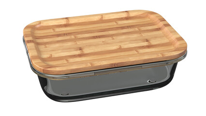 A glass food container with a wooden lid, ideal for food storage and preservation.