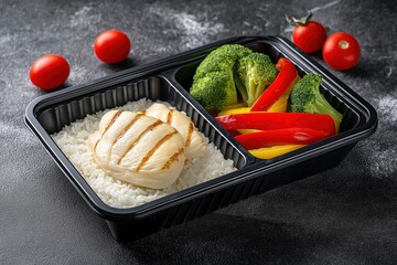 Healthy meal prep container with grilled chicken, rice, and vibrant vegetables viewed from above on stone surface
