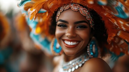 A radiant woman smiles widely, adorned in colorful carnival attire, showcasing a joyful expression while celebrating a festive atmosphere filled with energy and culture.