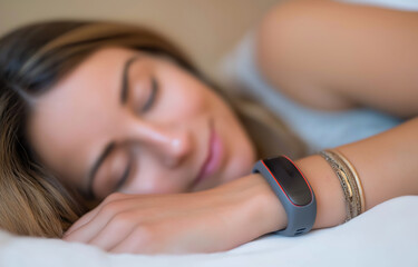 Tranquil woman sleeping peacefully wearing a fitness tracker to monitor sleep health and wellness
