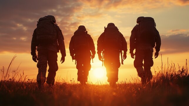 Silhouetted soldiers march against a colorful sunset, symbolizing strength, unity, and sacrifice, capturing the essence of bravery and the emotional weight of military service.