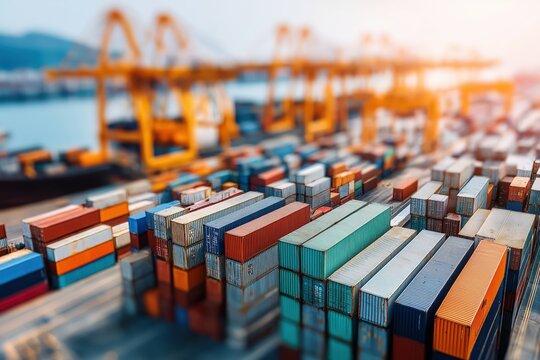 Retro banner showcasing shipping containers and cranes highlighting trade dynamics and economic tensions - Powered by Adobe