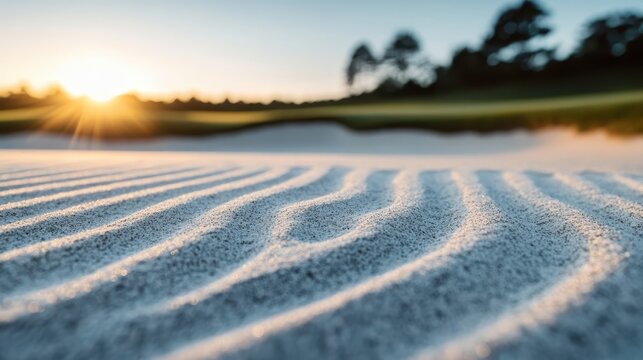 An artistic view of textured sand dunes illuminated by the morning sun, evoking a sense of tranquility, beauty, and the natural world's artistic formations and patterns.