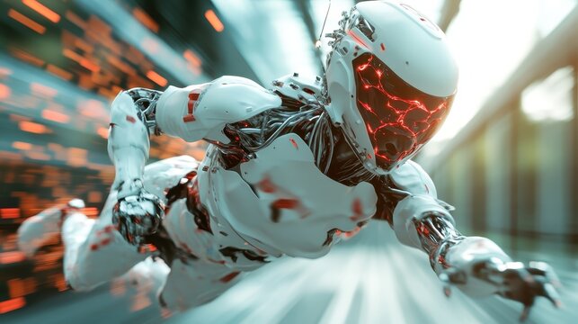 A sleek, futuristic robot in mid-motion, with highlighted features and impressive details, embodies the intersection of technology, art, and the limitless possibilities of the future.