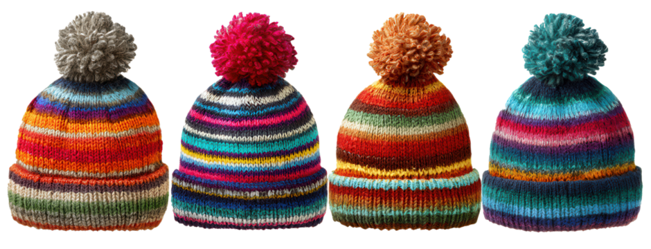 Colorful striped knitted hats with puffy pompoms lined up on a clean white background for a vibrant winter wardrobe