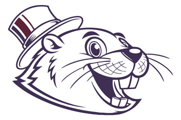 Whimsical beaver with oversized teeth sports a fancy top hat with a stripe