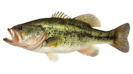 Detailed view of a large-mouth bass showcasing its vibrant colors and unique features against a clean white backdrop