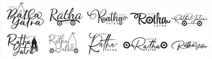A set of elegant black and white Ratha Yatra Typography with chariot wheels and temple icons. Perfect for branding, cultural posters, merchandise, and Indian festival identity design.