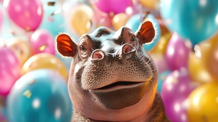 A happy hippo smiles amid vibrant balloons, creating a playful and festive atmosphere that embodies joy and celebration in a fun setting.