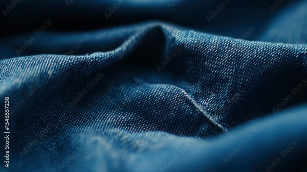 Poster close-up of textured blue denim fabric with deep shadows and highlights, showcasing its woven struct
