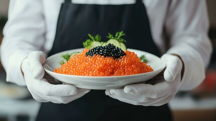 Elegant chef presenting a gourmet dish featuring vibrant orange caviar and black caviar, garnished with fresh herbs, showcasing culinary artistry and fine dining experience.