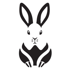 A black and white vector illustration of a rabbit with long ears, facing forward.