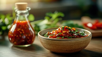 A vibrant bowl of salsa sauce with herbs and spices, artistically arranged, showcasing the richness of colors and textures, perfect for culinary enthusiasts and food lovers.