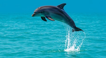 Dolphin Jumping Out of Ocean Water with Splashes Under Bright Sky