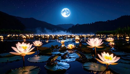 Tranquil Midnight Pond with Lotus Blossoms Under Moonlight