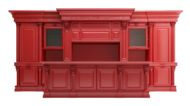 Elegant red kitchen cabinet in a bright room with intricate detailing showcasing hyper-realistic design and elegant craftsmanship