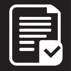 A clear white vector icon of a document with text lines, a folded corner, and a black checkmark in a white box, signifying a completed or approved task.