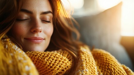 A serene woman enjoys a moment of comfort wrapped in a warm yellow sweater, exuding tranquility and contentment, capturing the essence of self-care and relaxation.