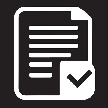 A clear white vector icon of a document with text lines, a folded corner, and a black checkmark in a white box, signifying a completed or approved task.