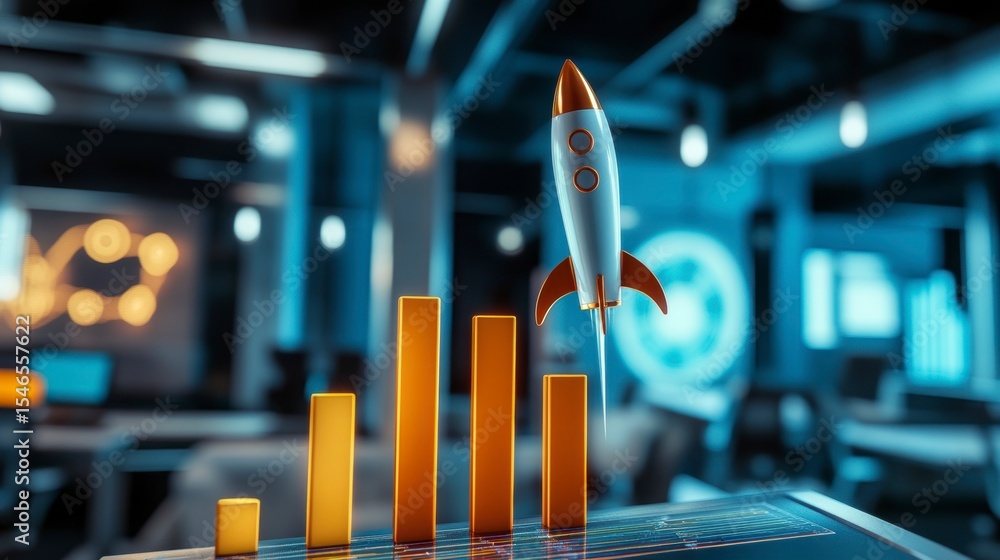 Aufkleber rocket launching from rising bar graph, symbolizing business growth and success in a modern office s