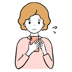 Clip art of a young woman operating a smartphone with a troubled face