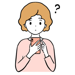 Illustration of a young woman looking at her smartphone and wondering