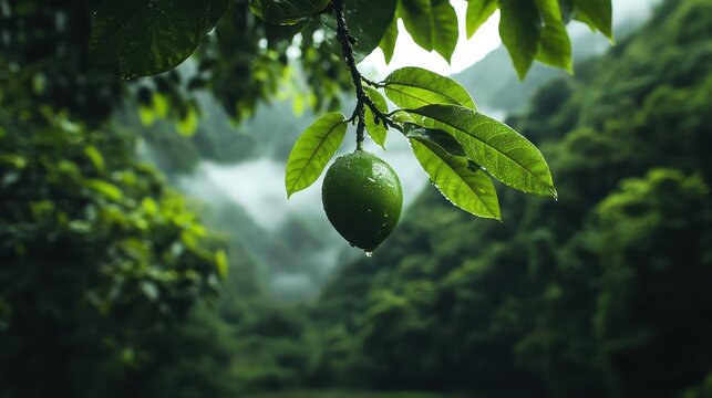 A close-up view of a fresh green mango hanging from a tree branch amidst lush foliage, illustrating the beauty of nature and the promise of ripe fruits to come.