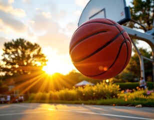 Exciting basketball game action at sunset on outdoor court capturing dynamic sports photography with warm natural lighting