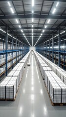 Fototapeta premium Minimalist Warehouse with Cargo Pallets and Steel Beams Under Strobe Light