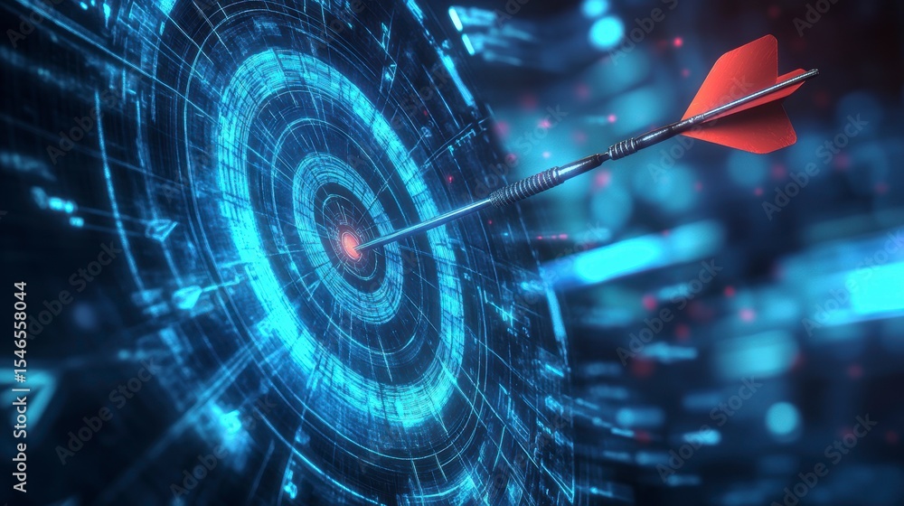Poster red dart hitting the center of a digital target, representing achievement and success.