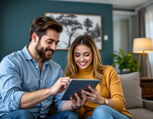 Couple engaging with tablet cozy living room digital interaction modern home intimate perspective connection and technology