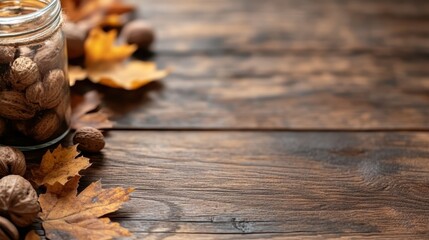 A picturesque autumn scene featuring a glass jar filled with nuts alongside fallen leaves on a rustic wooden table, emblematic of seasonal change and nature's bounty.