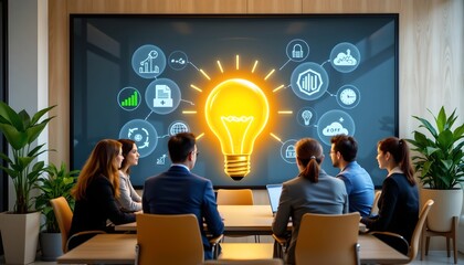 Innovative team meeting showcasing creative ideas with bright bulb graphic in modern office space professional environment collaborative viewpoint business concept