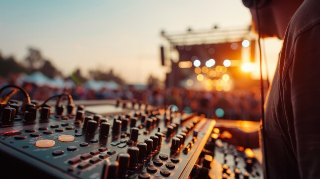 A DJ stands at the controls during a vibrant sunset music festival, blending electrifying beats with the energy of the crowd under a dusky sky.