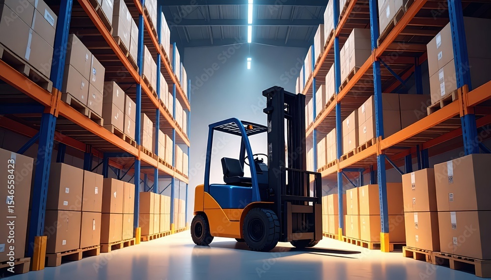 Poster forklift in minimalist warehouse with soft ambient glow and crates