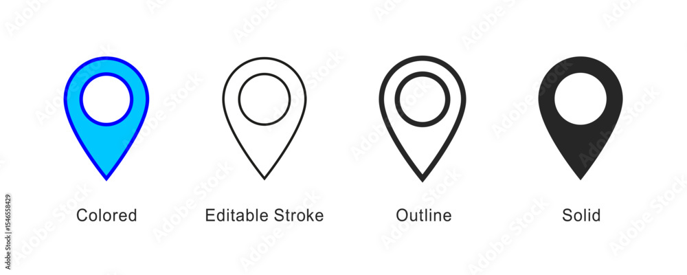 Poster Location pin marker icon. Pointer in colored, editable stroke, outline and solid styles. Navigation and mapping symbol