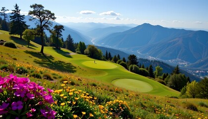 Stunning golf swing at scenic mountain course himachal pradesh landscape photography vibrant flora aerial perspective nature's beauty