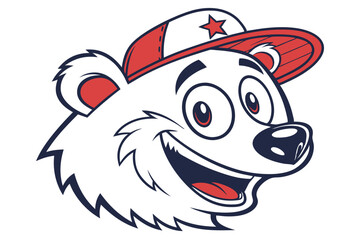 Cheerful bear character smiles, wearing a red and white cap featuring a star icon