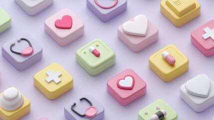 Isometric colorful healthcare icons including pills, stethoscopes and hearts — ideal for medical apps, pharmaceutical branding and digital health graphics