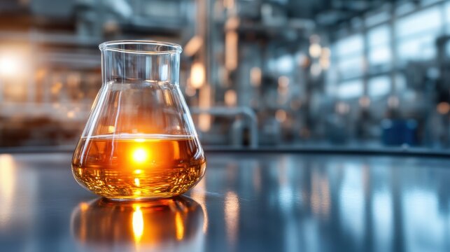 A laboratory flask containing a vibrant orange liquid reflects light creatively, symbolizing scientific exploration and the blending of art and science in innovative endeavors.