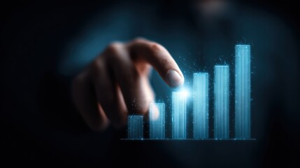 Hand pointing at glowing digital bar chart — concept for business analytics, performance growth and futuristic data interaction visuals