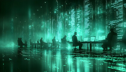 Group of people at desks in a teal-lit room with abstract digital matrix displays