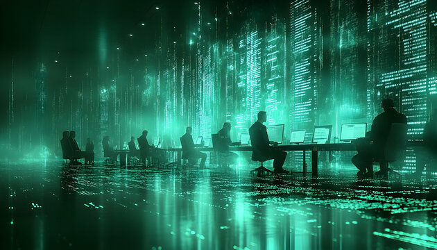 Group of people at desks in a teal-lit room with abstract digital matrix displays
