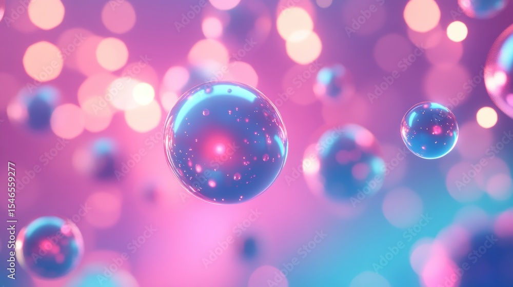 Poster abstract background with glowing spheres and bokeh lights in pink and blue tones.