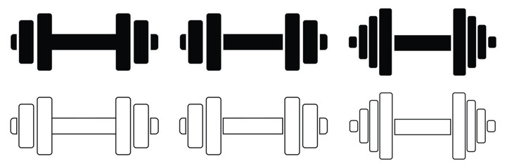 Gym Fitness Equipment Icon Set – Dumbbell, Barbell, Kettlebell Vector Collection for Training and Workout