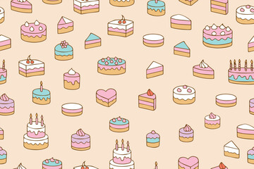 Hand drawn cakes, cupcakes. Doodle style. Bright colorful designs for International Cake Day and Birthday. Vector illustration.