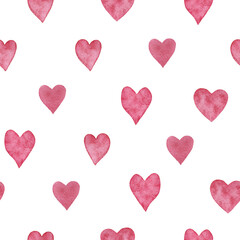 Seamless background on white with pink watercolor hearts simple small sloppy wet effect