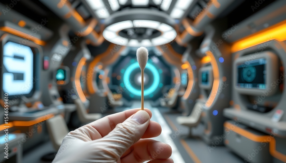 Poster scientific procedure using a cotton swab in a futuristic laboratory setting high-tech environment cl
