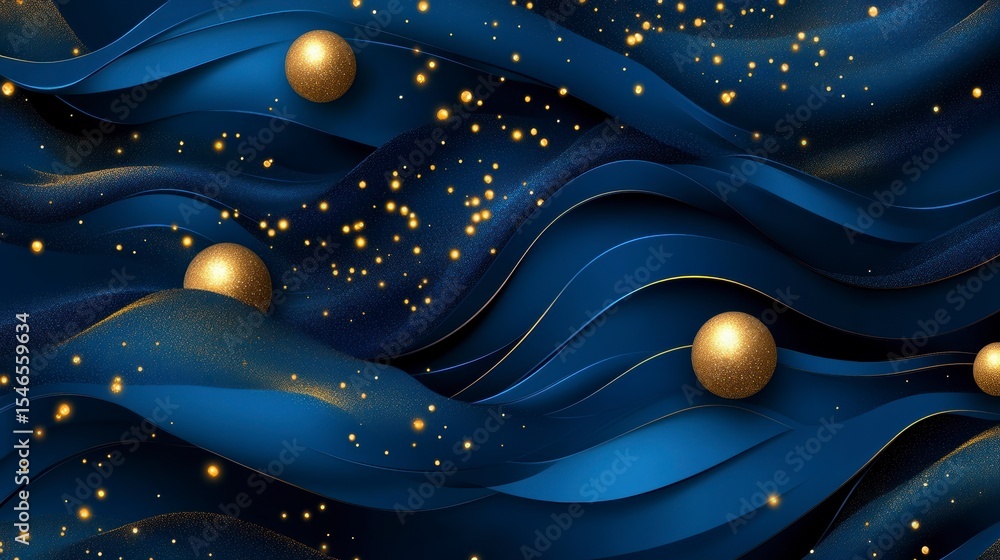 Poster abstract blue and gold wavy background with spheres and sparkles.